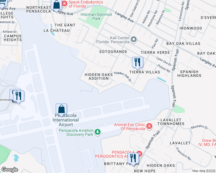 map of restaurants, bars, coffee shops, grocery stores, and more near 4041 Leesway Circle in Pensacola