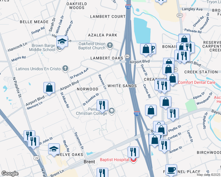 map of restaurants, bars, coffee shops, grocery stores, and more near 5500 Rawson Lane in Pensacola