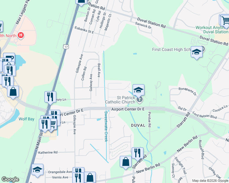 map of restaurants, bars, coffee shops, grocery stores, and more near 413 Shamrock Avenue South in Jacksonville