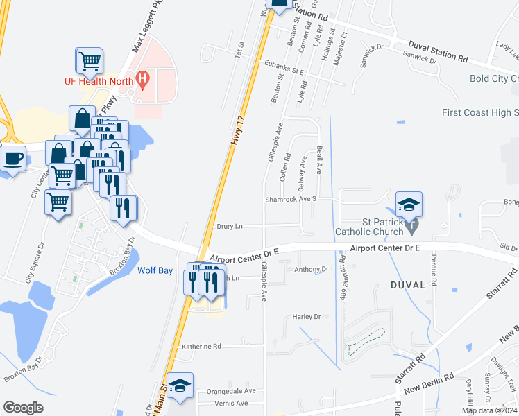 map of restaurants, bars, coffee shops, grocery stores, and more near 13270 Gillespie Avenue in Jacksonville