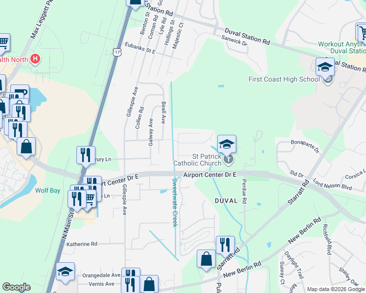 map of restaurants, bars, coffee shops, grocery stores, and more near 413 Shamrock Avenue South in Jacksonville