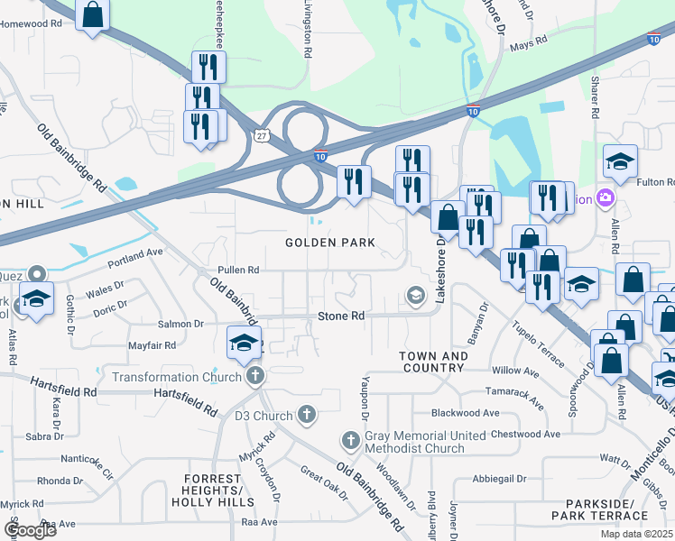 map of restaurants, bars, coffee shops, grocery stores, and more near 2513 Golden Park Lane in Tallahassee