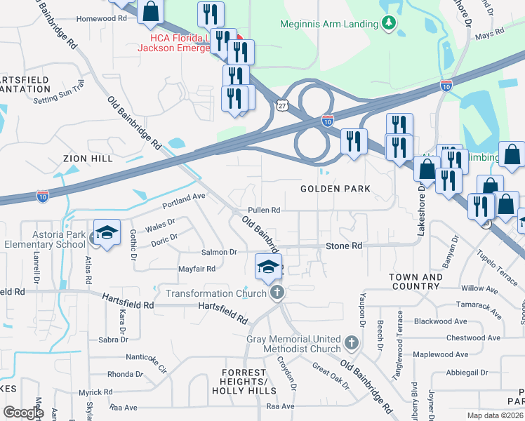 map of restaurants, bars, coffee shops, grocery stores, and more near 1540 Pullen Road in Tallahassee