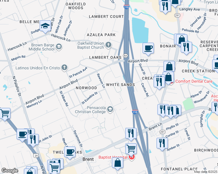 map of restaurants, bars, coffee shops, grocery stores, and more near 5500 Rawson Lane in Pensacola