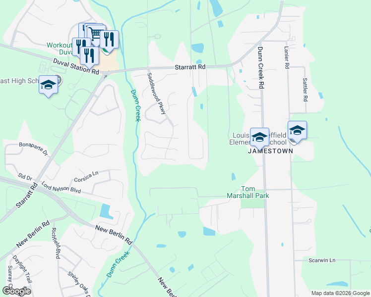 map of restaurants, bars, coffee shops, grocery stores, and more near 13376 Avery Park Lane in Jacksonville