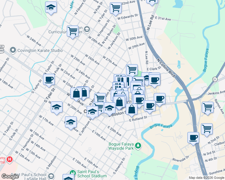map of restaurants, bars, coffee shops, grocery stores, and more near 410 North Jefferson Avenue in Covington