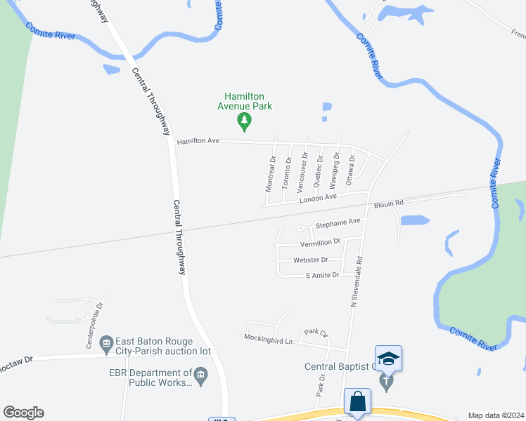 map of restaurants, bars, coffee shops, grocery stores, and more near 16246 London Avenue in Baton Rouge