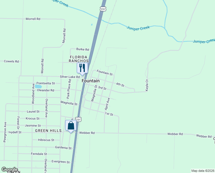 map of restaurants, bars, coffee shops, grocery stores, and more near Olivia St in Fountain