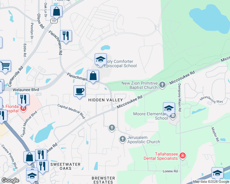 map of restaurants, bars, coffee shops, grocery stores, and more near 3547 Sedona Loop in Tallahassee