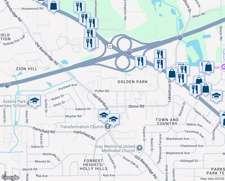 map of restaurants, bars, coffee shops, grocery stores, and more near 1520 Pullen Road in Tallahassee