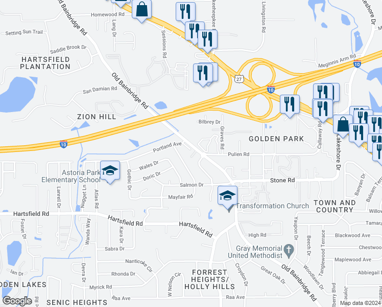 map of restaurants, bars, coffee shops, grocery stores, and more near 1600 Pullen Road in Tallahassee