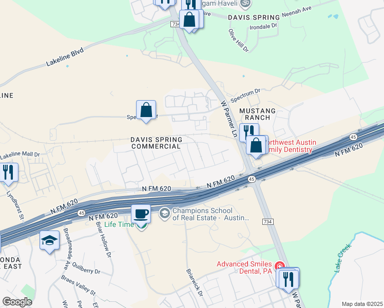 map of restaurants, bars, coffee shops, grocery stores, and more near 14015 Osmarea Drive in Austin