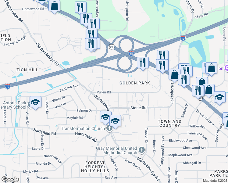 map of restaurants, bars, coffee shops, grocery stores, and more near 1520 Pullen Road in Tallahassee