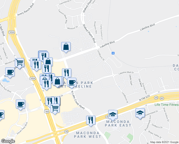 map of restaurants, bars, coffee shops, grocery stores, and more near 10500 Lakeline Mall Drive in Austin