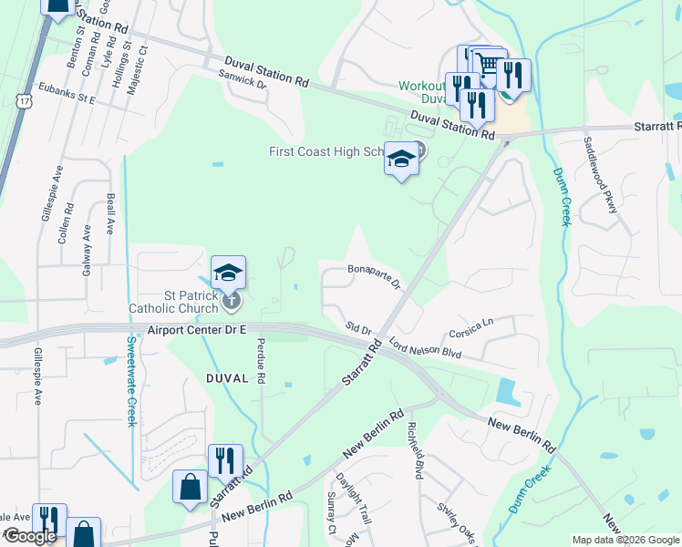 map of restaurants, bars, coffee shops, grocery stores, and more near 652 Bonaparte Drive in Jacksonville