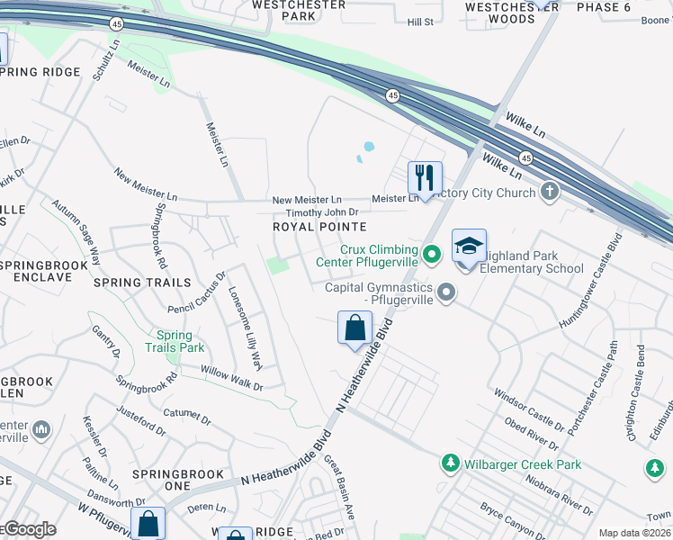 map of restaurants, bars, coffee shops, grocery stores, and more near 18605 Royal Pointe Drive in Pflugerville