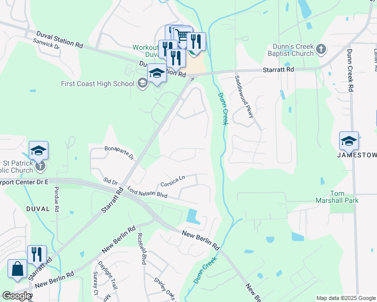 map of restaurants, bars, coffee shops, grocery stores, and more near 884 Bonaparte Landing Court in Jacksonville