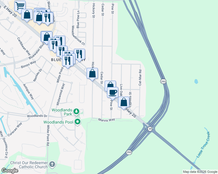 map of restaurants, bars, coffee shops, grocery stores, and more near 1456 Pine Street in Niceville