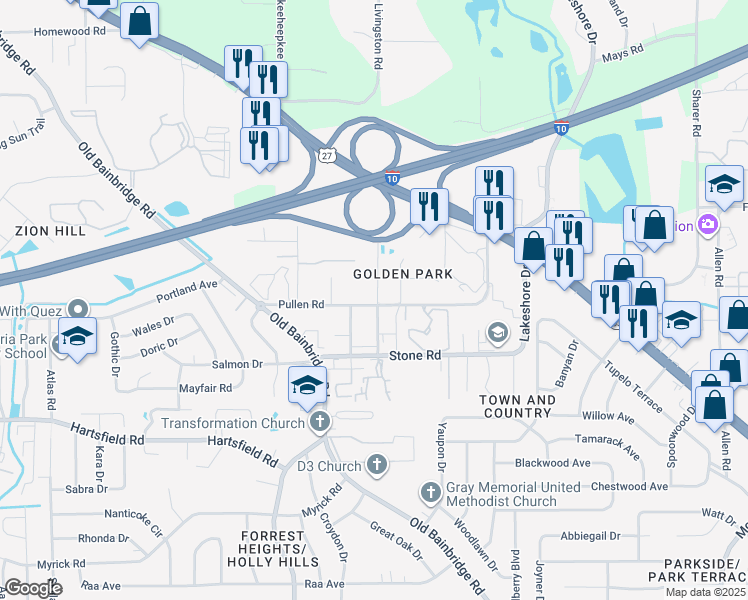 map of restaurants, bars, coffee shops, grocery stores, and more near 2511 Fred Smith Road in Tallahassee