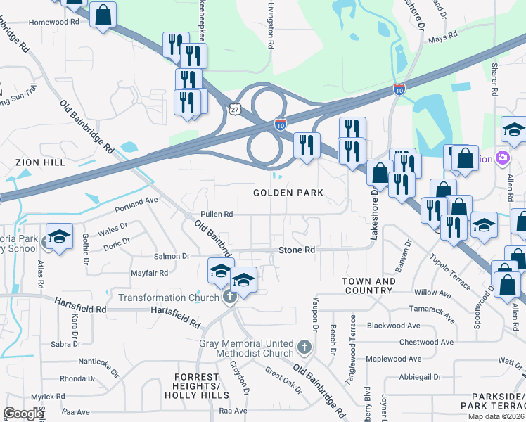 map of restaurants, bars, coffee shops, grocery stores, and more near 2511 Fred Smith Road in Tallahassee
