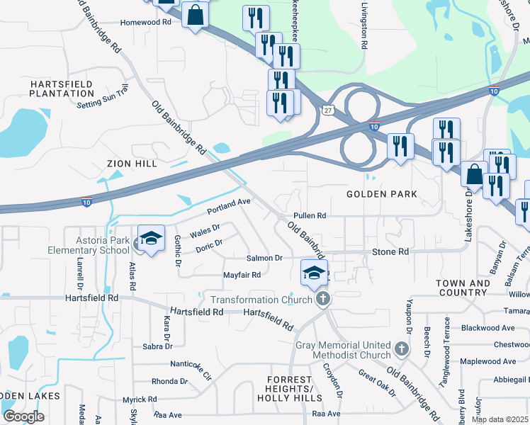 map of restaurants, bars, coffee shops, grocery stores, and more near 1600 Pullen Road in Tallahassee