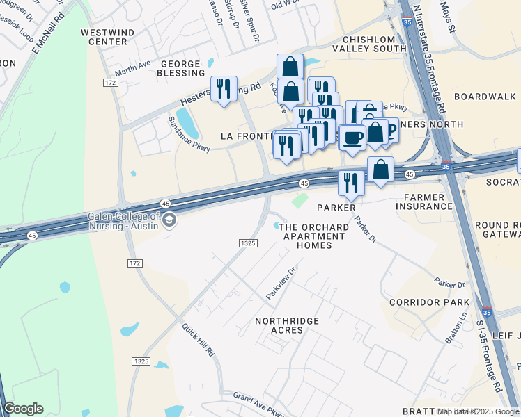 map of restaurants, bars, coffee shops, grocery stores, and more near 2800 La Frontera Boulevard in Round Rock