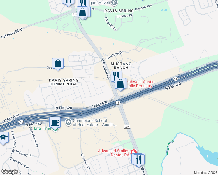 map of restaurants, bars, coffee shops, grocery stores, and more near 9226 West Parmer Lane in Austin