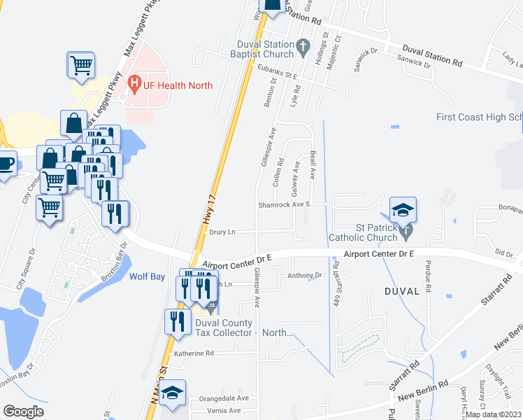 map of restaurants, bars, coffee shops, grocery stores, and more near 13303 Gillespie Avenue in Jacksonville