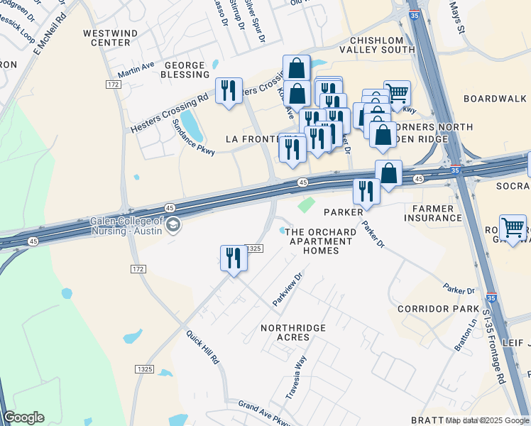 map of restaurants, bars, coffee shops, grocery stores, and more near 2800 La Frontera Boulevard in Round Rock