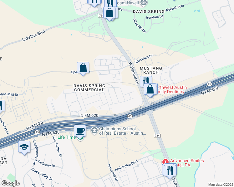 map of restaurants, bars, coffee shops, grocery stores, and more near 14011 Eucalyptus Bnd in Austin