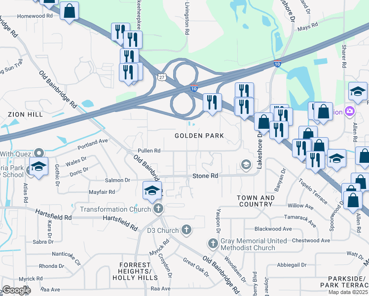 map of restaurants, bars, coffee shops, grocery stores, and more near 2511 Fred Smith Road in Tallahassee
