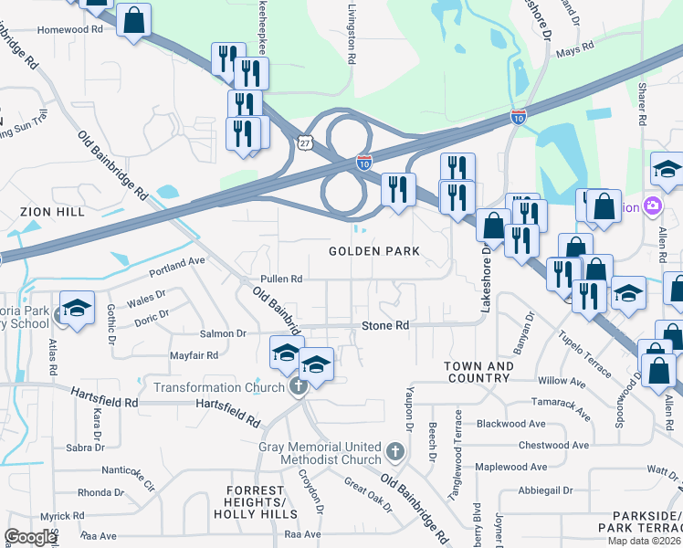 map of restaurants, bars, coffee shops, grocery stores, and more near 2511 Fred Smith Road in Tallahassee
