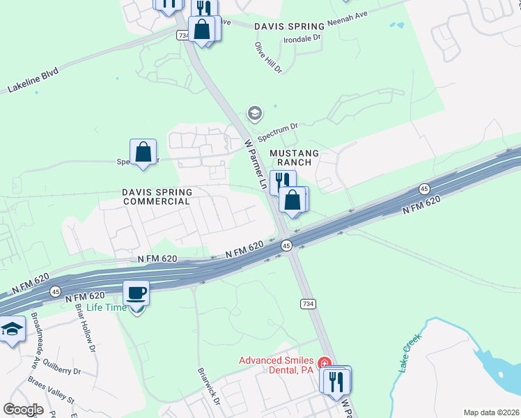 map of restaurants, bars, coffee shops, grocery stores, and more near 9225 West Parmer Lane in Austin