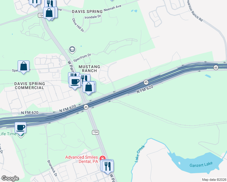 map of restaurants, bars, coffee shops, grocery stores, and more near 14318 Ranch Road 620 North in Austin