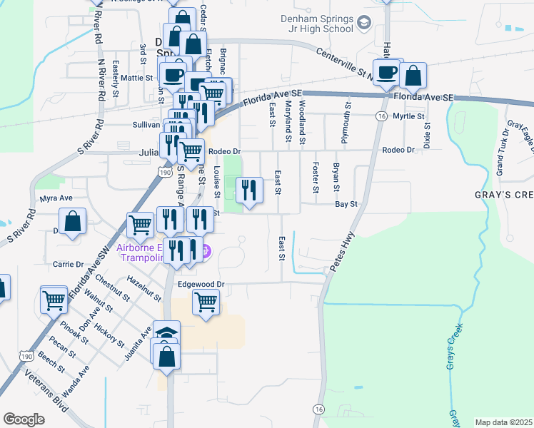 map of restaurants, bars, coffee shops, grocery stores, and more near 475 Bay Street in Denham Springs
