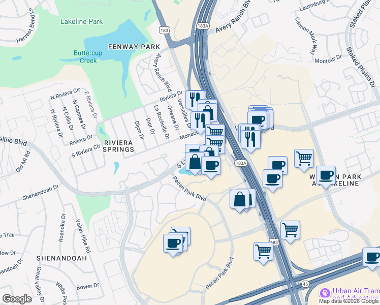 map of restaurants, bars, coffee shops, grocery stores, and more near 2910 South Lakeline Boulevard in Cedar Park