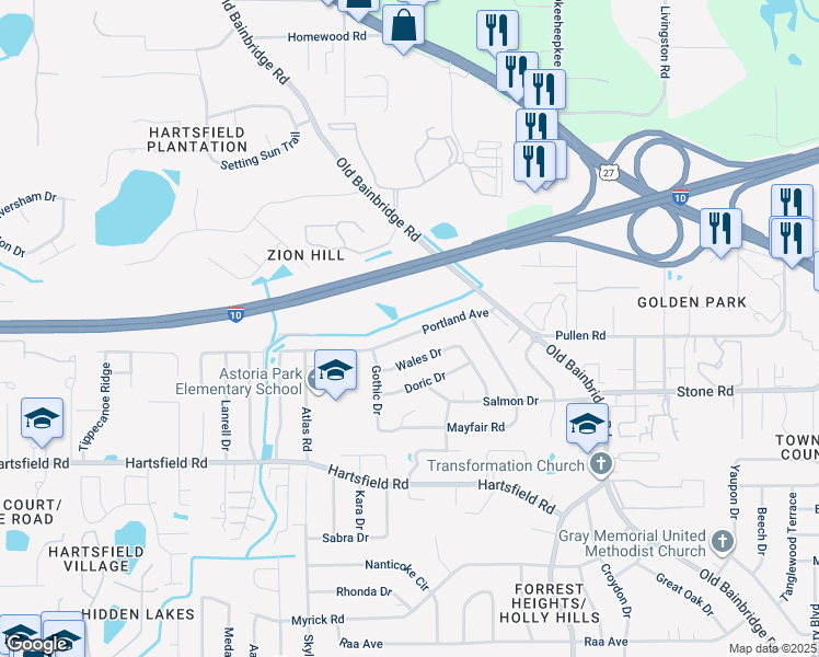 map of restaurants, bars, coffee shops, grocery stores, and more near 1826 Portland Avenue in Tallahassee