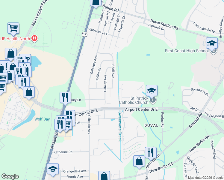map of restaurants, bars, coffee shops, grocery stores, and more near 348 Shamrock Avenue South in Jacksonville