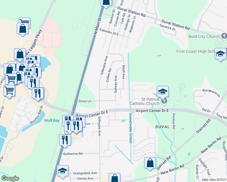 map of restaurants, bars, coffee shops, grocery stores, and more near 13264 Galway Avenue in Jacksonville