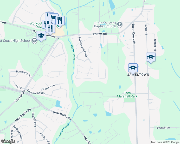 map of restaurants, bars, coffee shops, grocery stores, and more near 1109 Seattle Slew Lane in Jacksonville