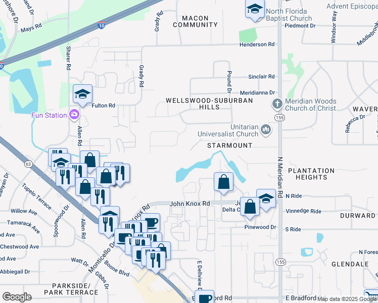 map of restaurants, bars, coffee shops, grocery stores, and more near 245 Starmount Drive in Tallahassee