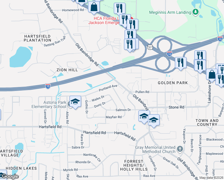 map of restaurants, bars, coffee shops, grocery stores, and more near 2634 Mayfair Road in Tallahassee