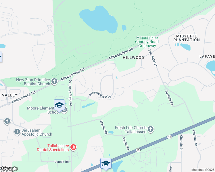 map of restaurants, bars, coffee shops, grocery stores, and more near 4449 Meandering Way in Tallahassee