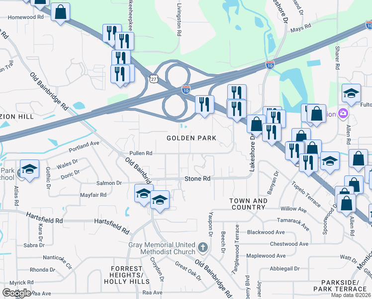 map of restaurants, bars, coffee shops, grocery stores, and more near 2511 Fred Smith Road in Tallahassee