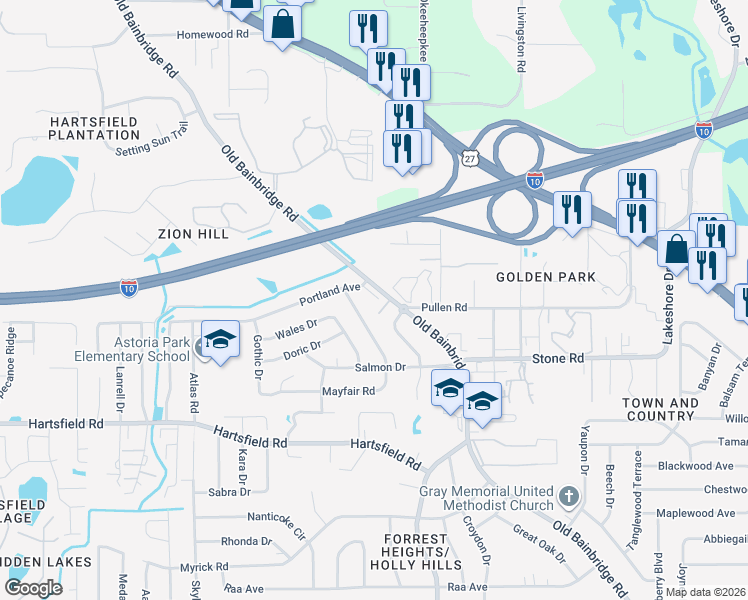 map of restaurants, bars, coffee shops, grocery stores, and more near 1600 Pullen Road in Tallahassee