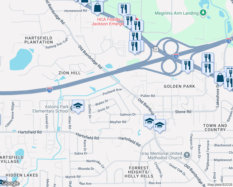 map of restaurants, bars, coffee shops, grocery stores, and more near 2634 Mayfair Road in Tallahassee