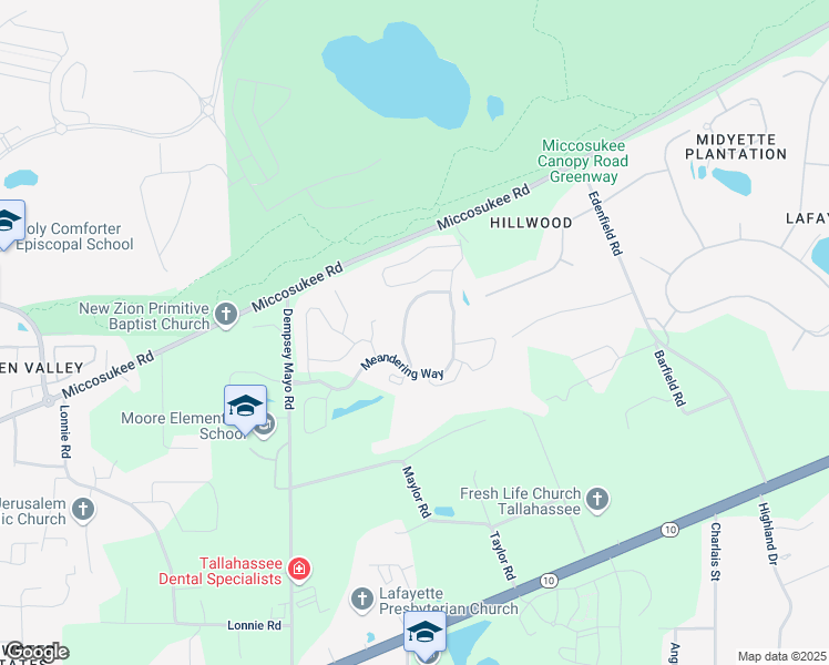 map of restaurants, bars, coffee shops, grocery stores, and more near 4436 Meandering Way in Tallahassee