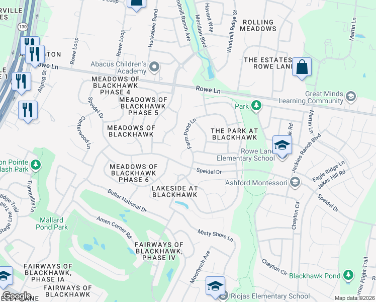 map of restaurants, bars, coffee shops, grocery stores, and more near 20224 Farm Pond Lane in Pflugerville