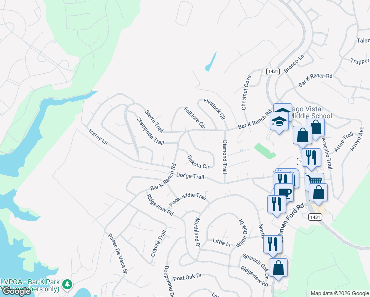 map of restaurants, bars, coffee shops, grocery stores, and more near 7818 Dakota Circle in Lago Vista