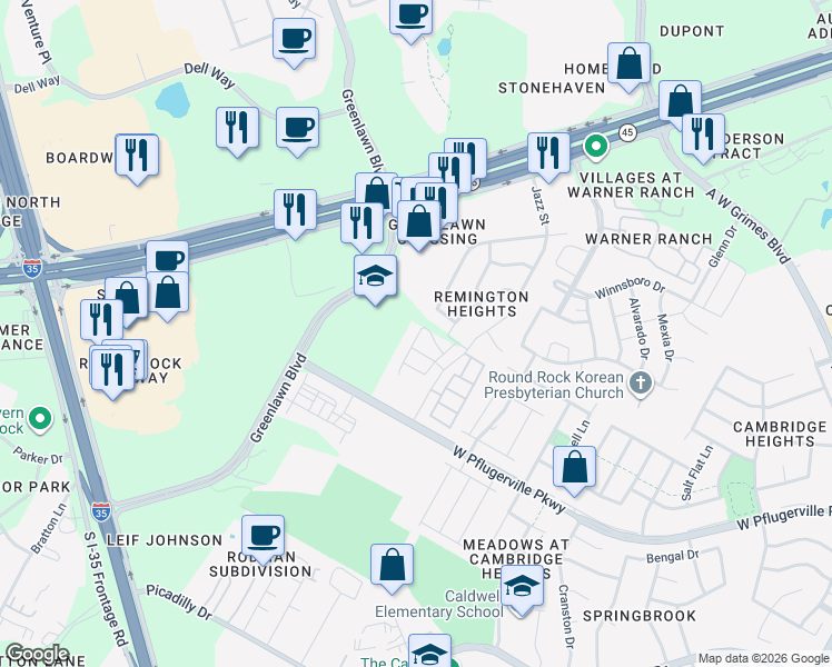 map of restaurants, bars, coffee shops, grocery stores, and more near 1408 Thibodeaux Drive in Round Rock